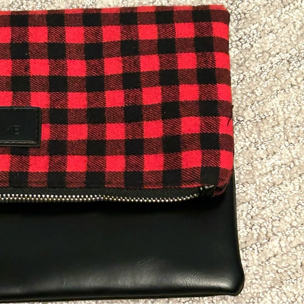 Funky Monkey Foldover Red & Black Buffalo Plaid Clutch Top Zip 10.5” x 7” NWOT